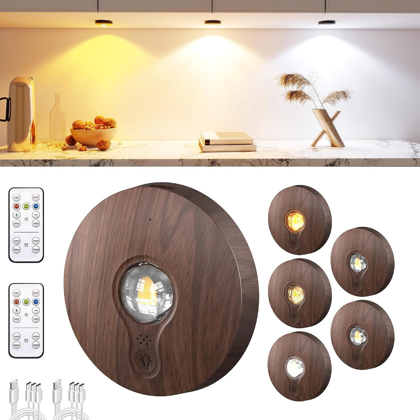 LUMORA™ LuxePuck Wireless Cabinet Lights – Rechargeable LED Under Cabinet Lighting with Remote Control, Dimmable Touch Sensor & Modern Closet Illumination for Kitchen, Wardrobe & Home Décor