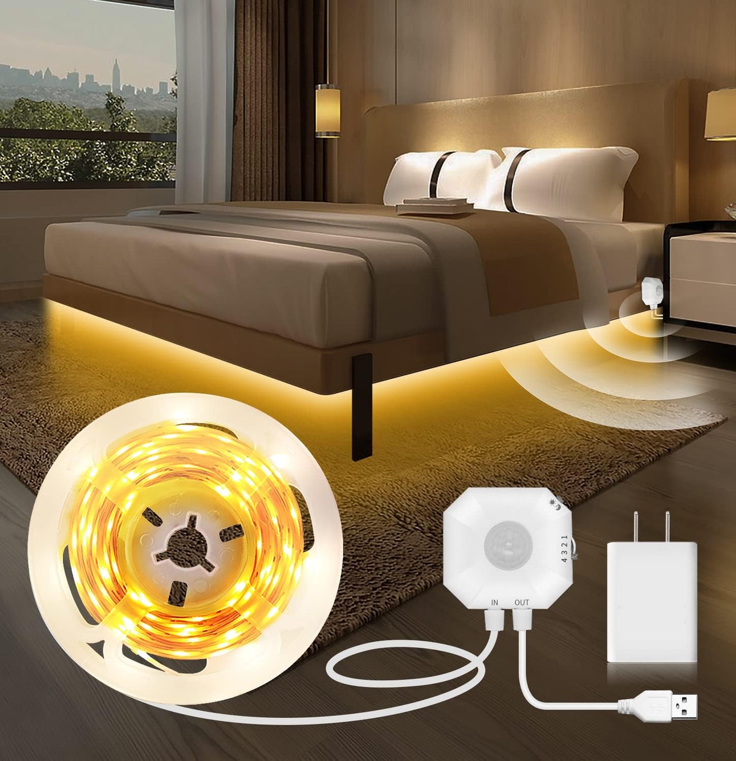 LUMORA™ MotionGlow Smart LED Light Strip – Premium Motion Sensor Lighting for Under Bed, Cabinets & Closets | Warm White Wireless Night Light for Modern Homes**