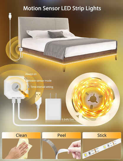 LUMORA™ MotionGlow Smart LED Light Strip – Premium Motion Sensor Lighting for Under Bed, Cabinets & Closets | Warm White Wireless Night Light for Modern Homes**