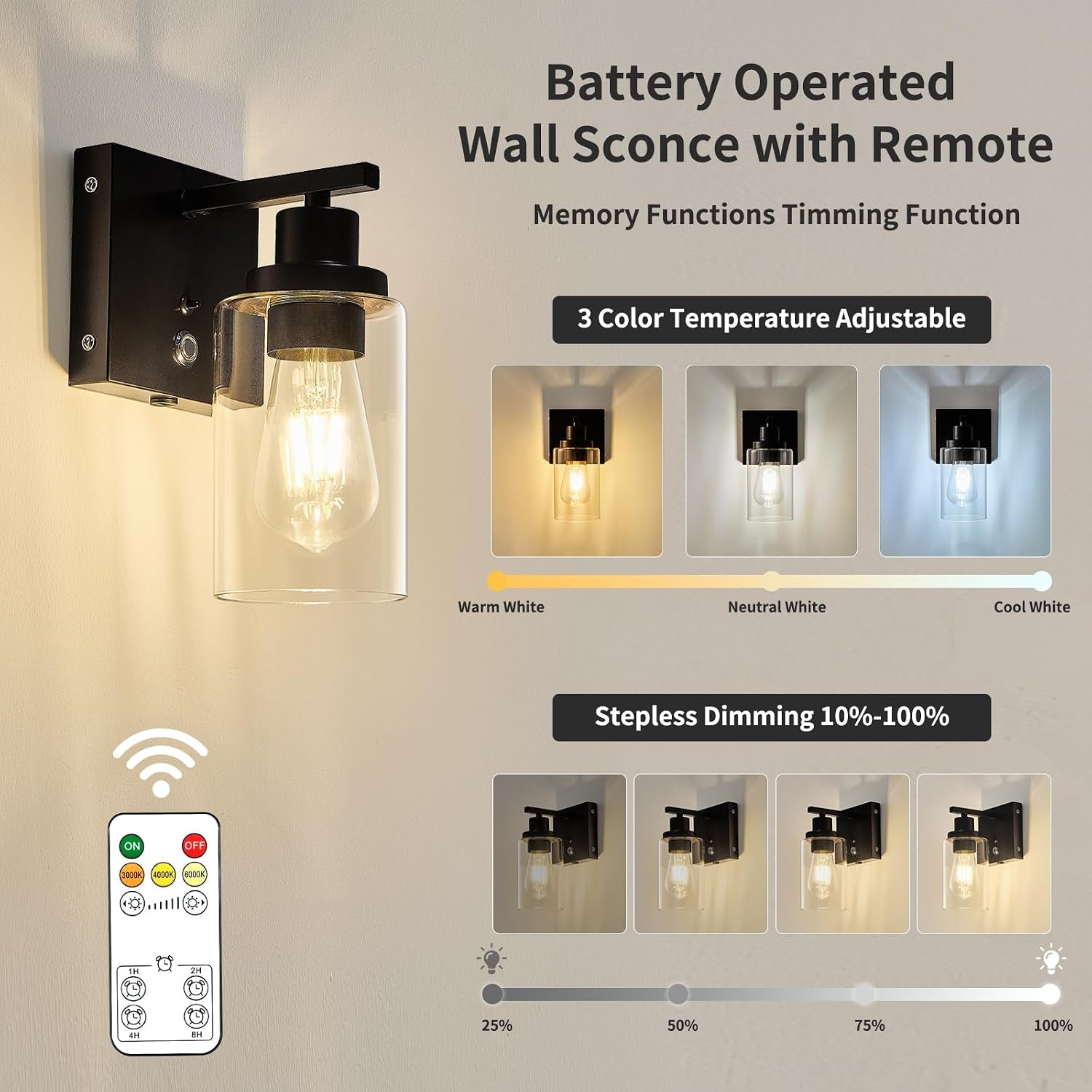LUMORA™ NoirGlow Wireless Wall Sconce Set – Luxury Rechargeable LED Wall Lights with Remote Control, 3-Color Temperature Bulb, Dimmable Ambient Lighting & Modern Black Finish for Bedroom, Hallway & Living Spaces